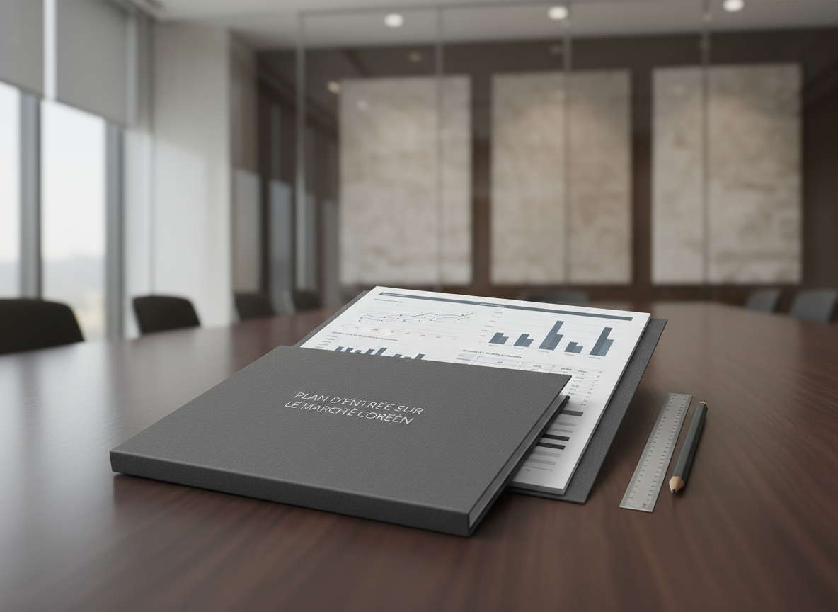 A slim, open folder labeled "Plan d’Entrée sur le Marché Coréen" in understated silver lettering rests on a dark walnut boardroom table. Inside, neatly aligned pages show structured graphs, timelines, and budget tables in muted blues and grays. A fine-line metal ruler and a minimalist graphite mechanical pencil lie parallel beside the folder, emphasizing precision and customization. The background reveals blurred outlines of a glass-walled meeting room with neutral-toned acoustic panels. Soft afternoon light filters through large windows, supplemented by discreet ceiling fixtures, creating a balanced, low-contrast illumination. Captured from a three-quarter overhead angle with sharp focus on the folder and tools, the image has a calm, methodical mood and a photographic, corporate aesthetic underscoring tailored strategic support.