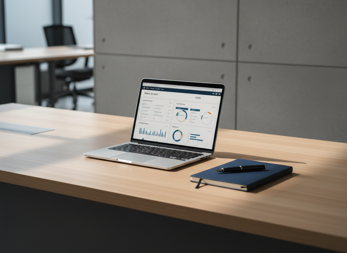A sleek, uncluttered executive desk in a modern office, featuring a thin silver laptop displaying a bilingual French–Korean dashboard, an open navy-blue notebook, and a single black fountain pen aligned precisely. The desk surface is a light oak wood with a smooth matte finish, set against a neutral gray wall with a subtle texture. Soft daylight enters from an unseen window to the left, creating gentle, elongated shadows and a calm, focused atmosphere. Shot at eye level with a slight diagonal angle, the background softly blurred to suggest depth while keeping the main objects in crisp focus. The photographic style is clean and corporate, with balanced composition and cool, neutral tones emphasizing professionalism and strategic clarity.