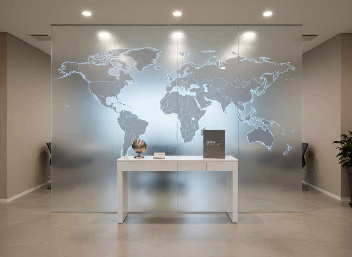 A refined world map etched into a frosted glass wall focuses on Europe and East Asia, with France and Korea highlighted by subtle, glowing contours in soft blue-white light. In front of the glass wall, a minimalist white console table holds three carefully arranged items: a small metallic globe, a closed charcoal-gray strategy binder, and a slim white cardholder. The setting is a contemporary consulting office lobby with neutral walls and a polished concrete floor. Discreet recessed ceiling lights cast calm, diffused illumination, creating gentle reflections on the glass and floor. The composition is centered, shot at eye level with moderate depth of field, communicating global reach and precision. The photographic style is clean, modern, and corporate, with an atmosphere of quiet confidence and cross-border expertise.